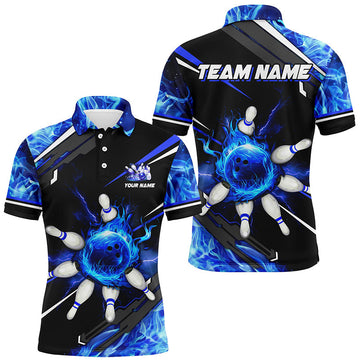 Men's Black & Blue Flame Bowling Polo Shirt, Quarter Zip Custom Team Jersey N7972