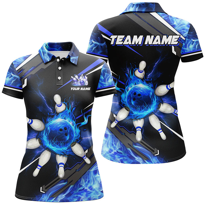 Women's Custom Team Bowling Polo Shirt - Black/Blue Flame N7972