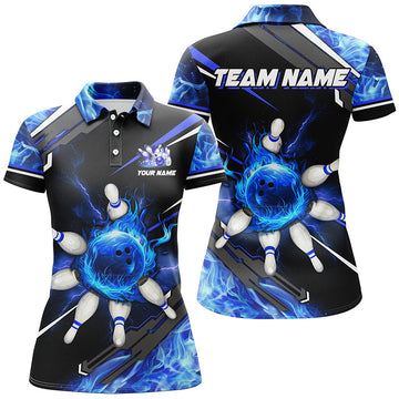 Women's Custom Team Bowling Polo Shirt - Black/Blue Flame N7972