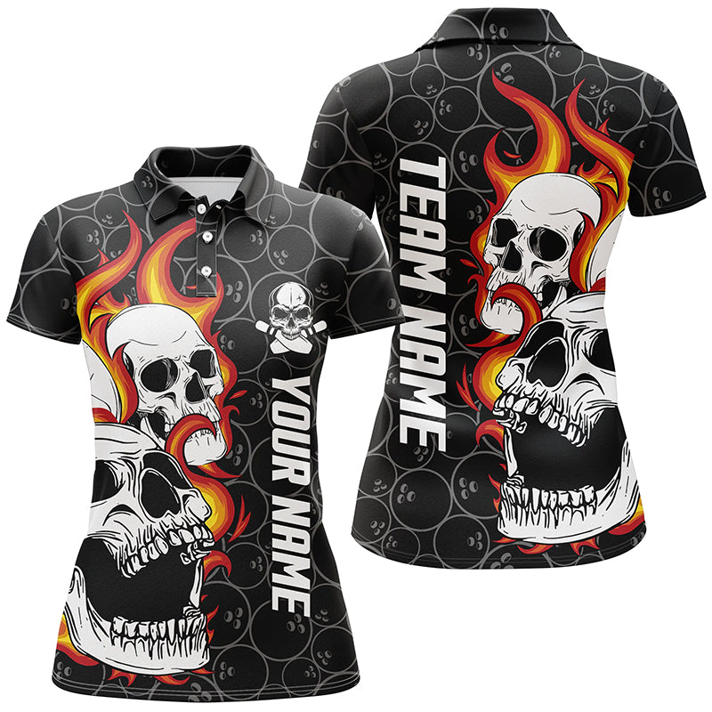 Women's Black Camo Bowling Polo Shirt - Custom Flame Skull Team Jersey N6495