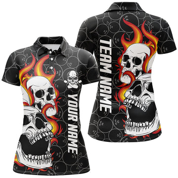 Women's Black Camo Bowling Polo Shirt - Custom Flame Skull Team Jersey N6495