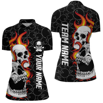 Women's Black Camo Bowling Quarter Zip Shirt - Custom Flame Skull Team Jersey N6495