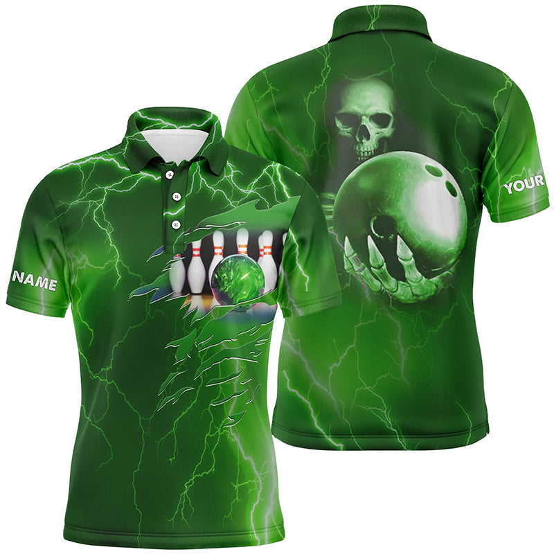 Men's Green Lightning Bowling Polo Shirt - Custom Name & Team Skull N6493