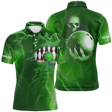 Men's Green Lightning Bowling Polo Shirt - Custom Name & Team Skull N6493