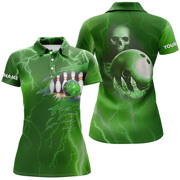 Women's Green Lightning Bowling Polo Shirt - Custom Name & Team Skull N6493