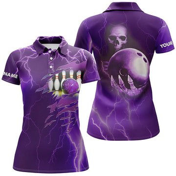 Women's Purple Lightning Bowling Polo Shirt - Custom Name & Team Skull N6494