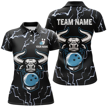 Women's Black Bowling Polo Shirt - Thunder Lightning Custom Team Jersey N6498
