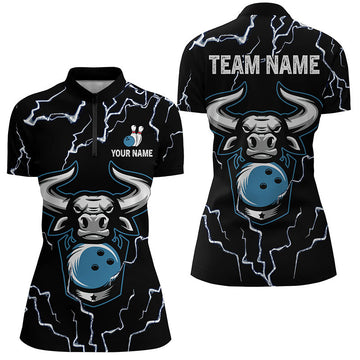 Black Women's Bowling Quarter Zip Shirt - Thunder Lightning Custom Team Jersey N6498