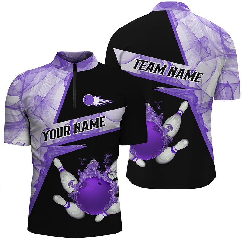 Men's Custom Black Bowling Quarter Zip Shirt - Purple Smoke Pattern N7229