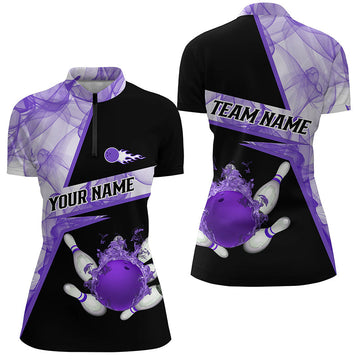 Women's Bowling Quarter Zip Shirt - Custom Black with Purple Smoke Pattern N7229