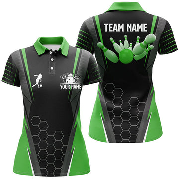 Black Women's Bowling Polo Shirt - Custom Name, Green N6502