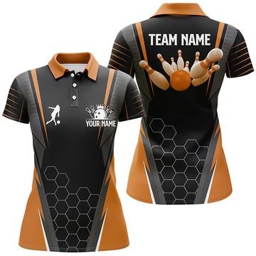 Black Women's Bowling Polo Shirt with Custom Name - Orange N6503