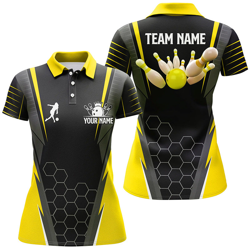 Black Women's Bowling Polo Shirt with Custom Name - Yellow N6504