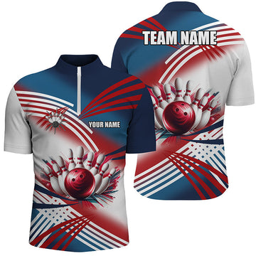 Men's Bowling Quarter Zip Shirt - Red, White & Blue Team Design N7234