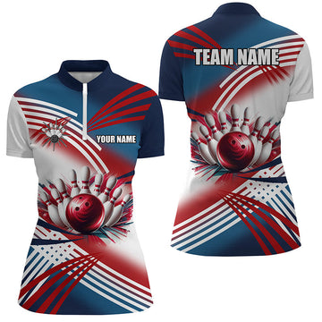 Women's Bowling Quarter Zip Shirt - Red, White & Blue Team Design N7234