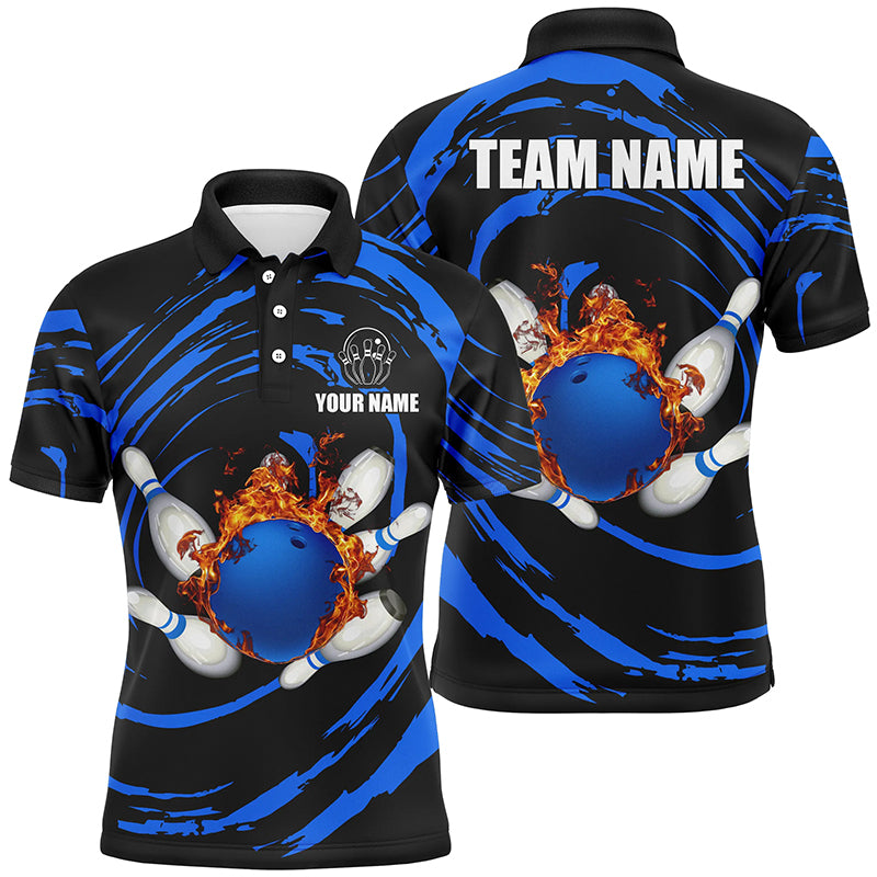 Men's Custom Blue Flame Bowling Polo Shirt N7235