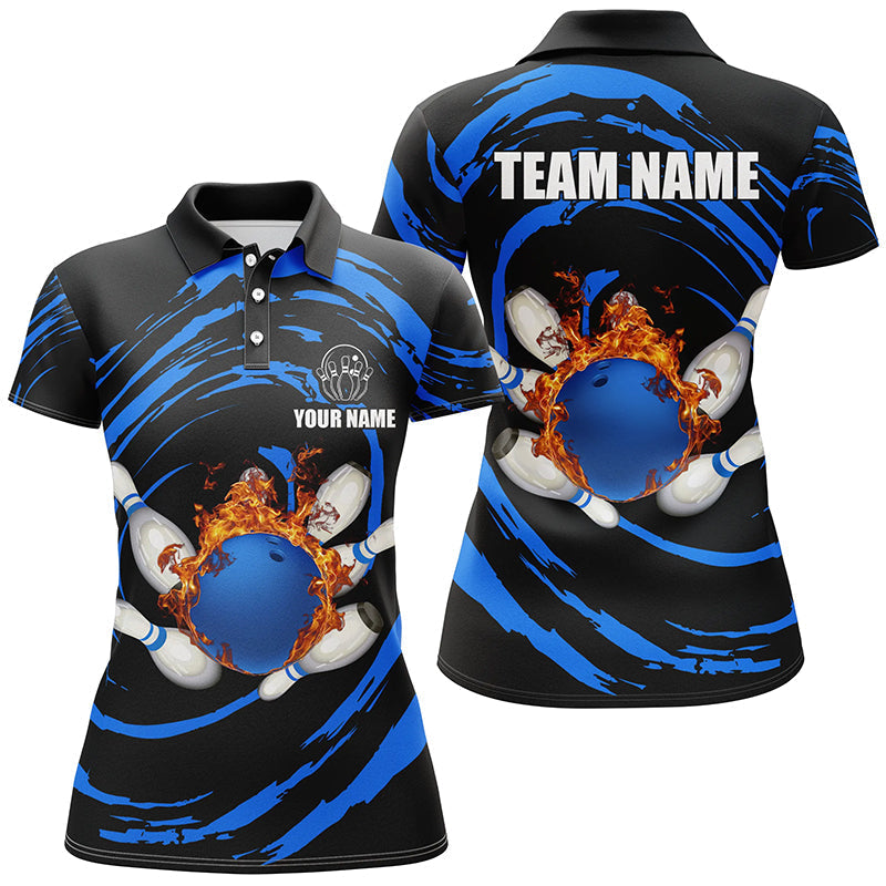 Women's Custom Blue Flame Bowling Polo Shirt N7235