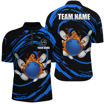 Men's Custom Team Bowling Quarter Zip Shirt - Blue Flame Design N7235