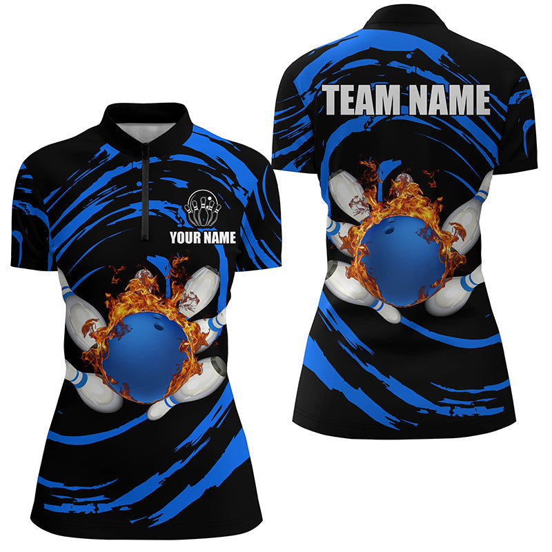 Women's Custom Blue Flame Bowling Quarter Zip Shirt N7235