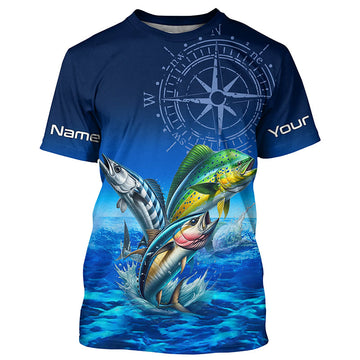 Personalized Mahi Mahi, Wahoo, Tuna Blue Performance Fishing Shirt, compass offshore tournament T-shirt NQS5866