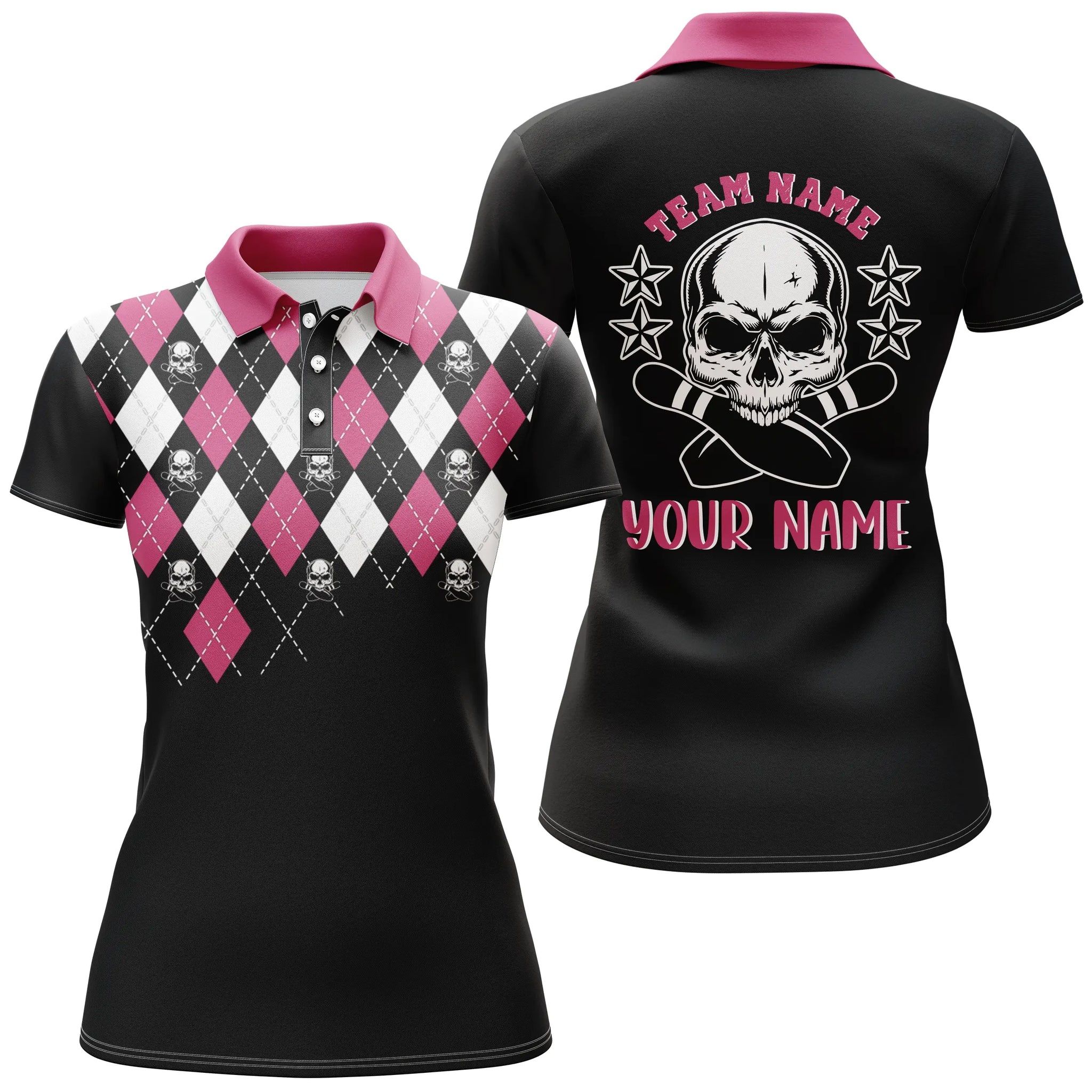 Women's Pink Bowling Polo Shirt with Custom Name N4690