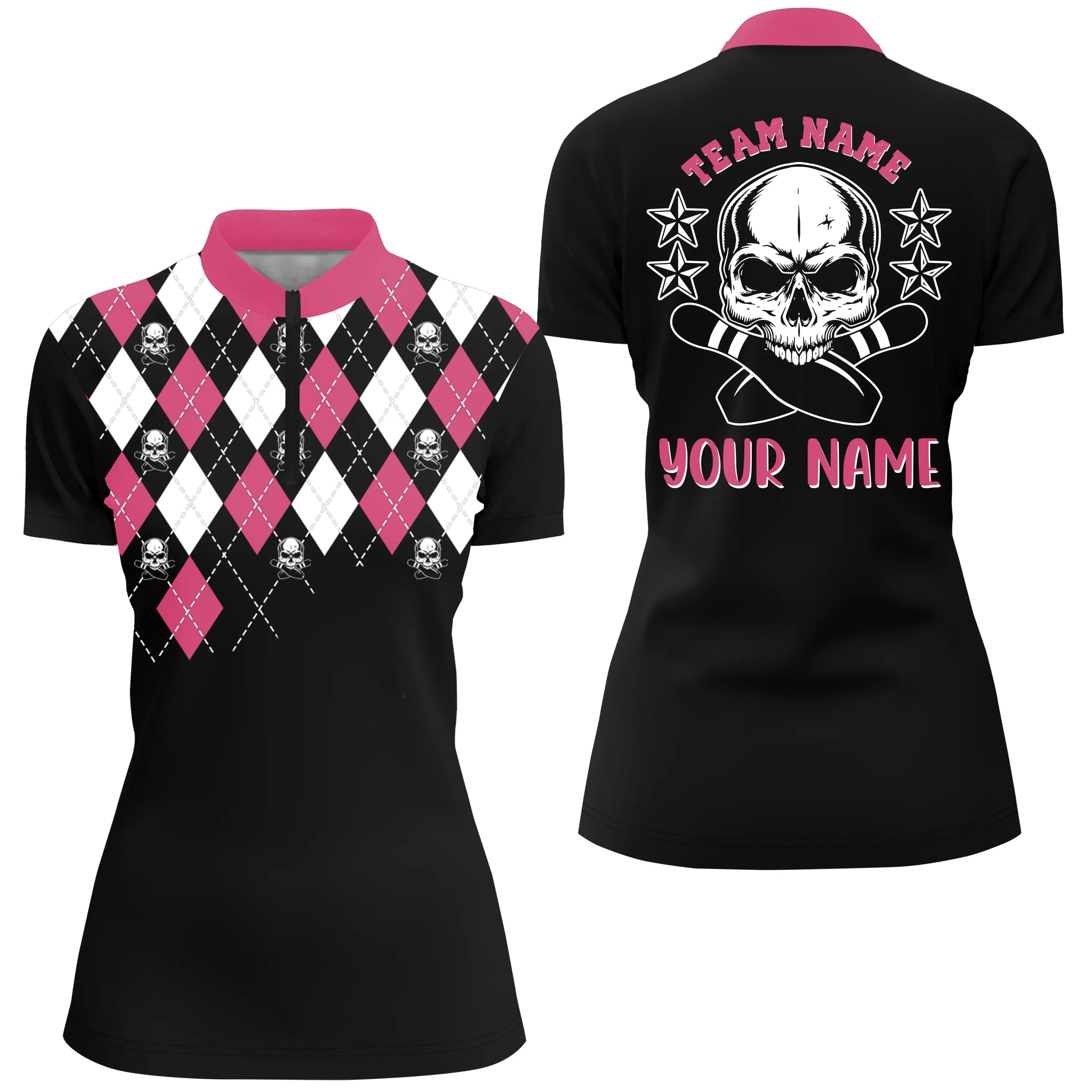 Pink Skull Custom Name Quarter Zip Bowling Shirt for Women N4690