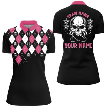 Pink Skull Custom Name Quarter Zip Bowling Shirt for Women N4690