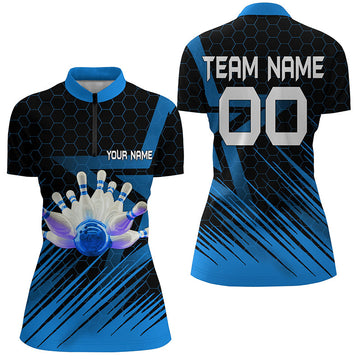 Women's Blue Custom Name 3D Bowling Quarter Zip Jersey N5139