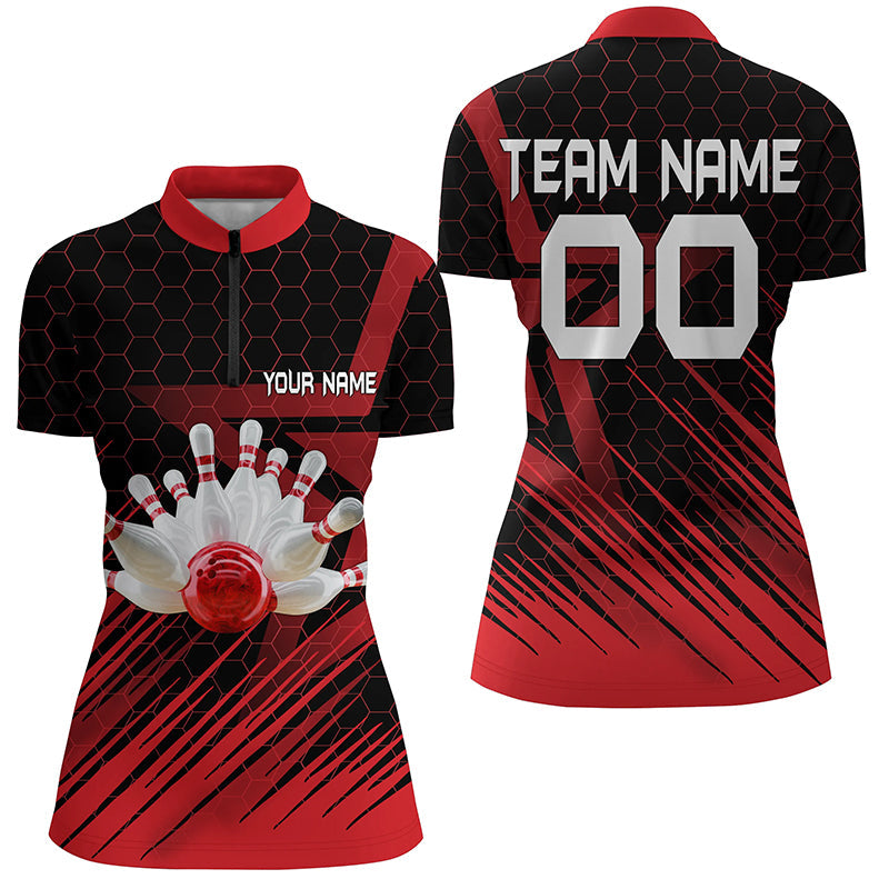 Red Women's Custom Name 3D Bowling Quarter Zip Jersey N5140