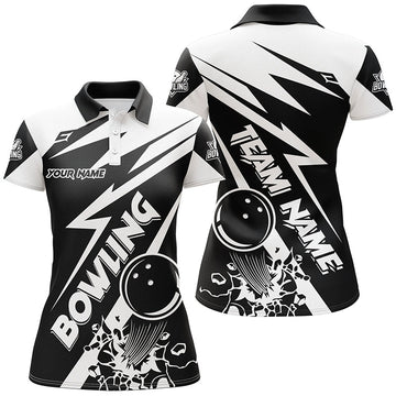 Women's Black & White Bowling Polo Quarter Zip Team Jersey N7748