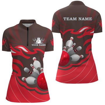 Women's Bowling Quarter Zip Shirt - Custom Team Jersey, Red N6301