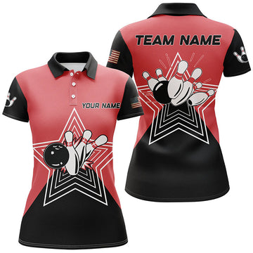 Women's Retro Bowling Polo Shirt - Red & Black Star Design N6787