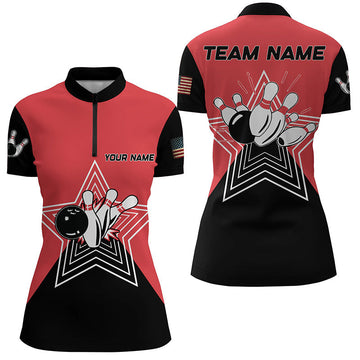 Women's Retro Bowling Quarter Zip Shirt - Red/Black N6787