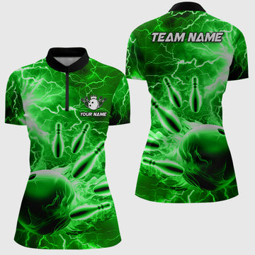 Women's Bowling Quarter Zip Shirt - Custom Green Lightning Thunder Team Jersey N7143
