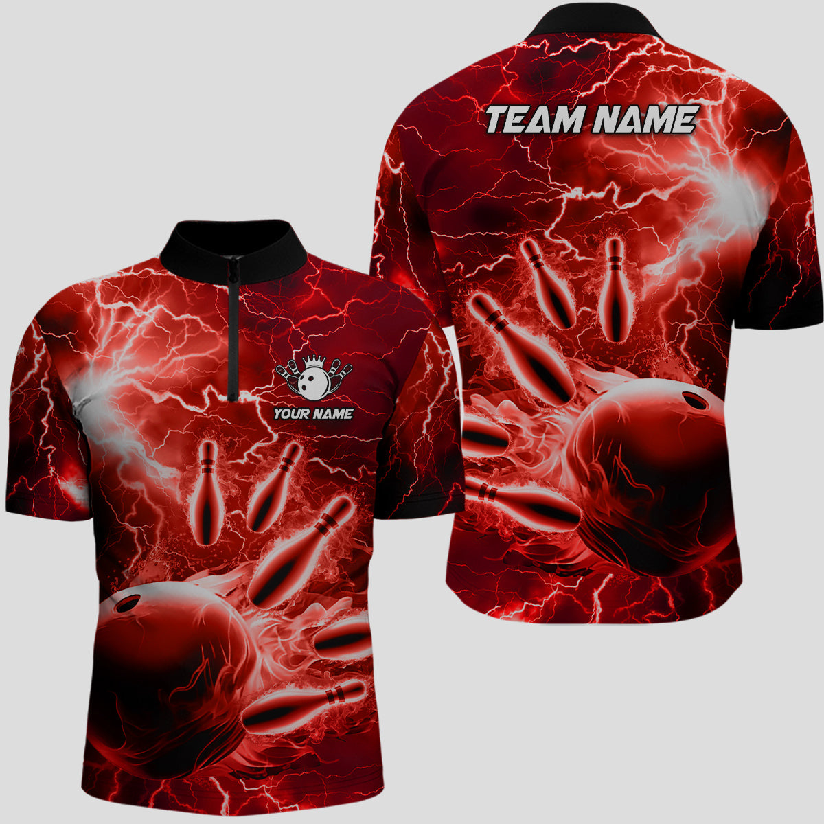 Men's Bowling Quarter Zip Jersey - Custom Red Lightning Design N7144