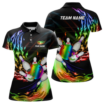 Women's Bowling Polo Shirt - Custom Rainbow Flame Design N6807