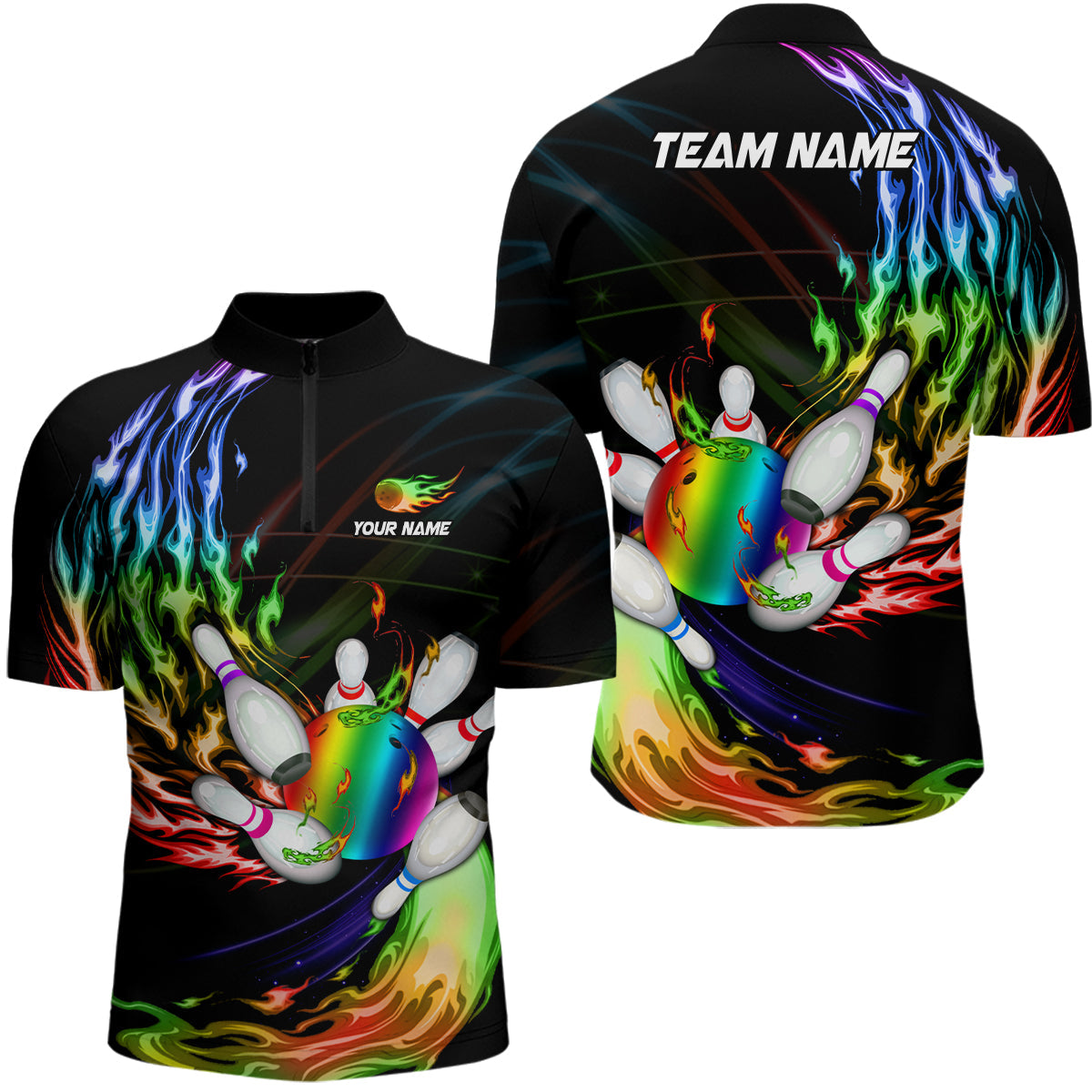 Men's Bowling Quarter Zip Jersey - Custom Rainbow Flame Design N6807