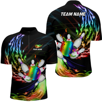 Men's Bowling Quarter Zip Jersey - Custom Rainbow Flame Design N6807