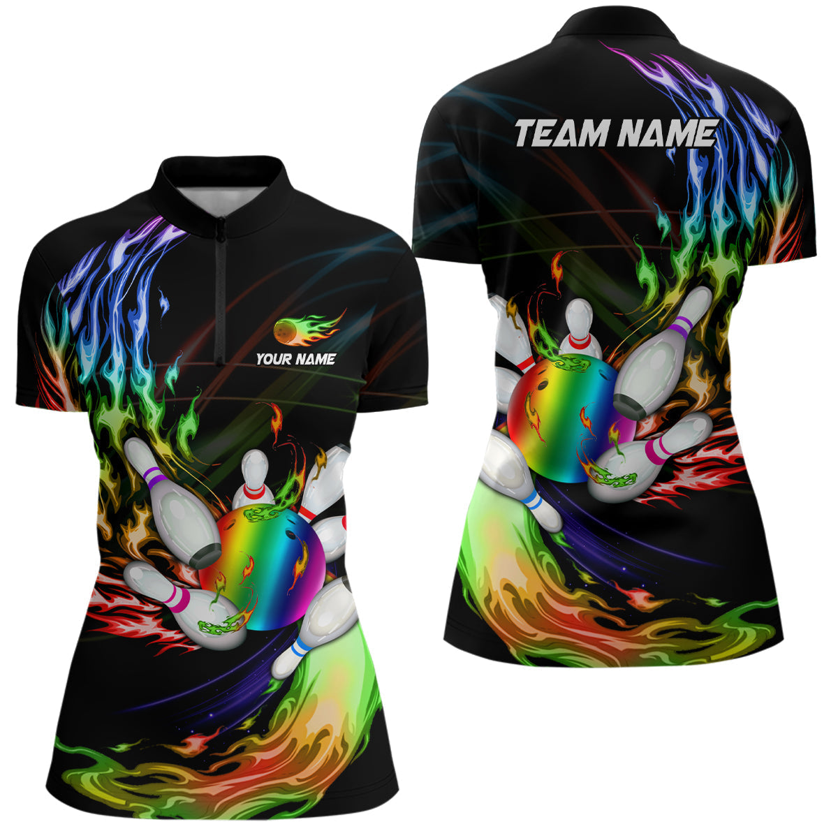 Women's Bowling Quarter Zip Jersey - Custom Rainbow Flame Design N6807