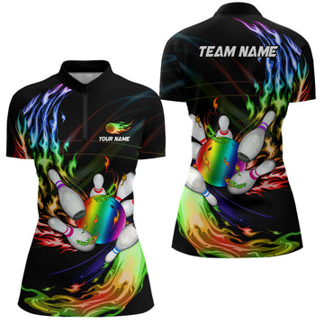Women's Bowling Quarter Zip Jersey - Custom Rainbow Flame Design N6807