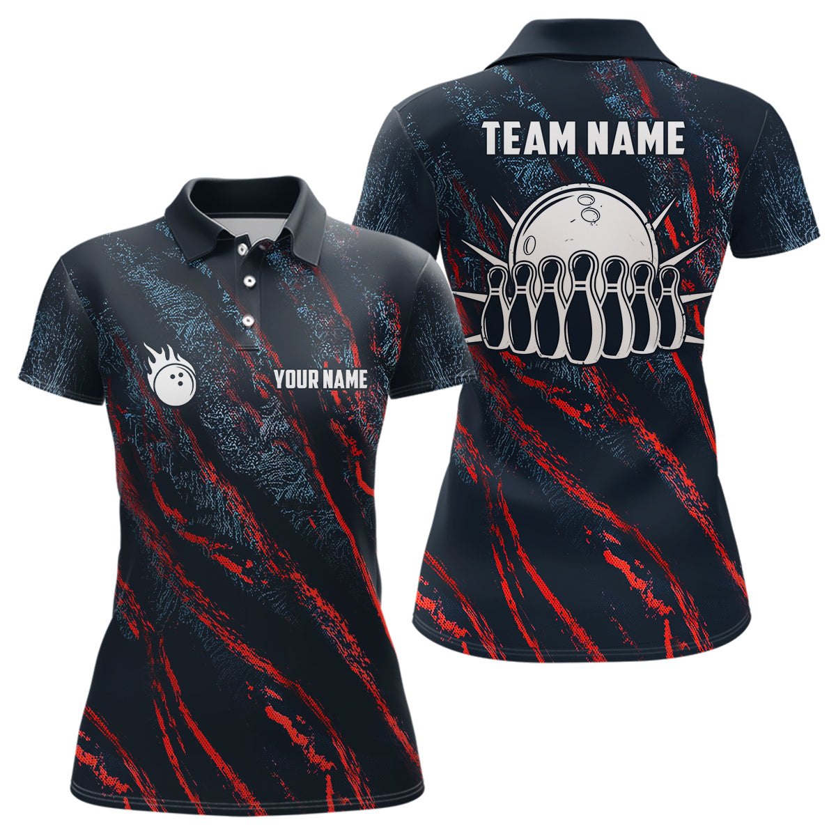 Women's Custom Camo Bowling Polo Shirt - Blue/Red N6554
