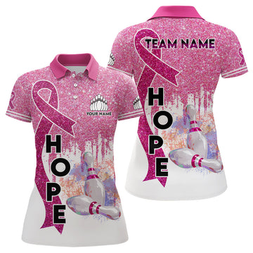 Women's Pink Glitter Breast Cancer Awareness Bowling Polo Shirt N6555