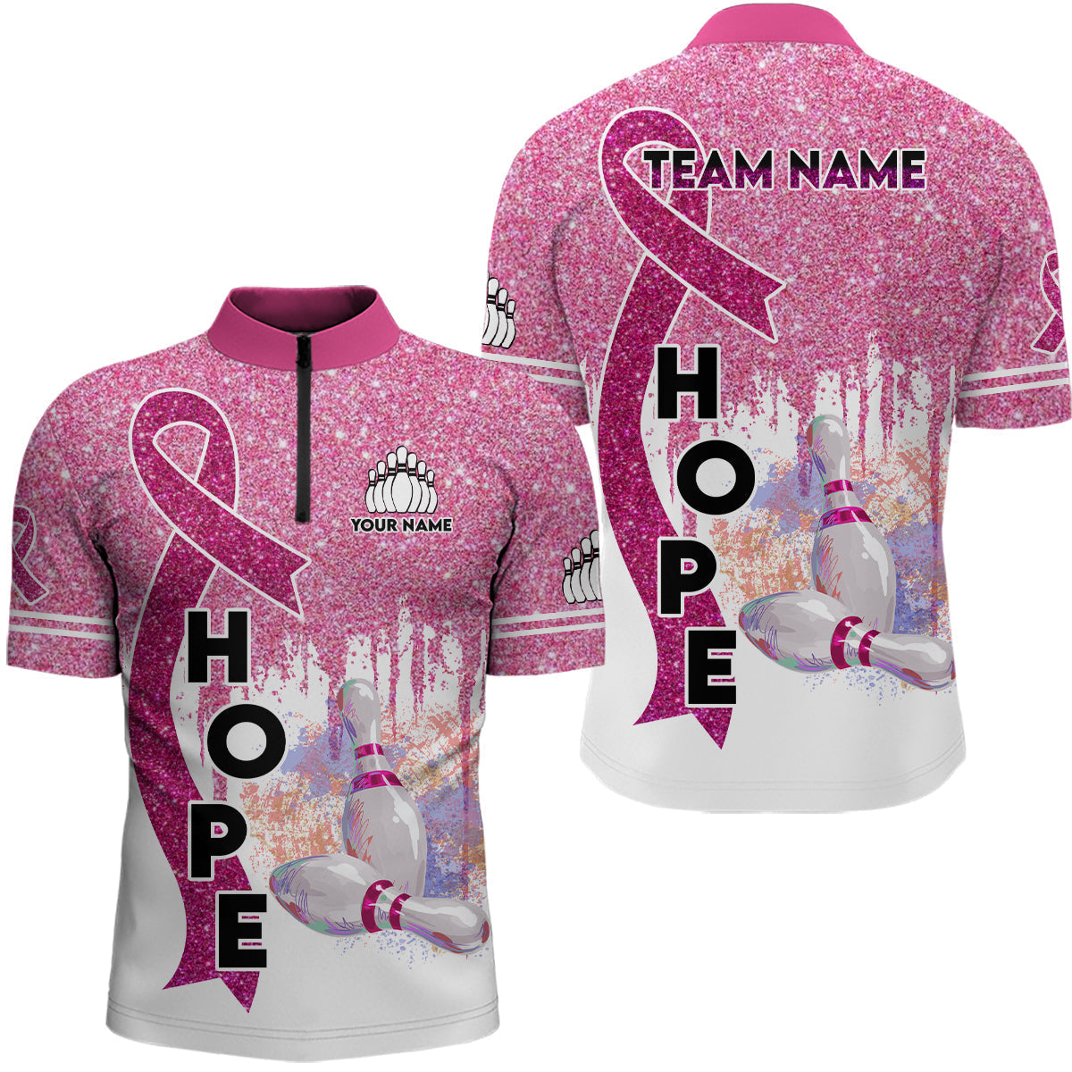 Pink Glitter Ribbon Breast Cancer Awareness Bowling Quarter Zip Shirt for Men N6555