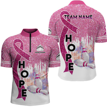 Pink Glitter Ribbon Breast Cancer Awareness Bowling Quarter Zip Shirt for Men N6555