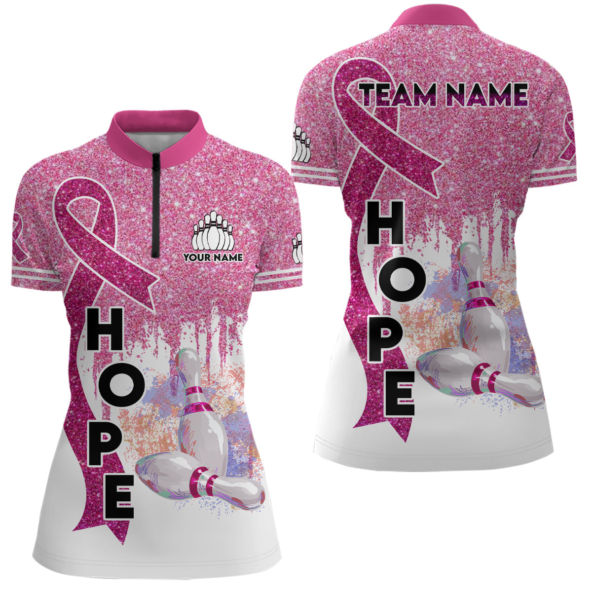 Pink Glitter Breast Cancer Awareness Bowling Quarter Zip for Women N6555
