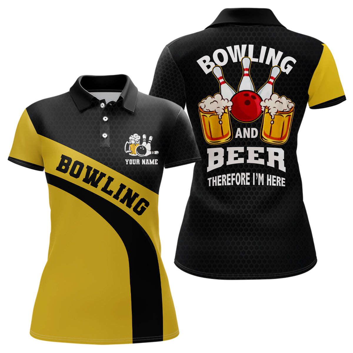Women's Black & Yellow Bowling Team Polo Shirt N6566