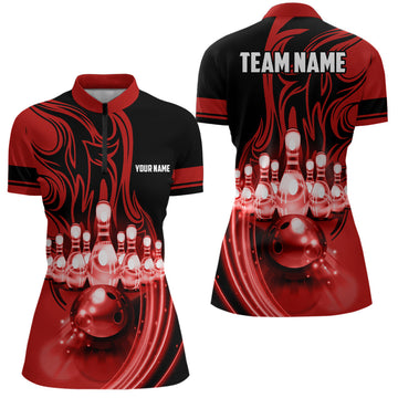Women's Custom Red Light Bowling Quarter Zip Jerseys N6579