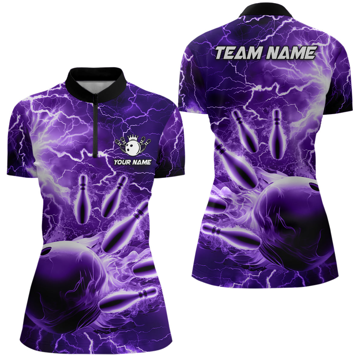 Women's Bowling Quarter Zip Jersey - Custom Purple Lightning Design N6581