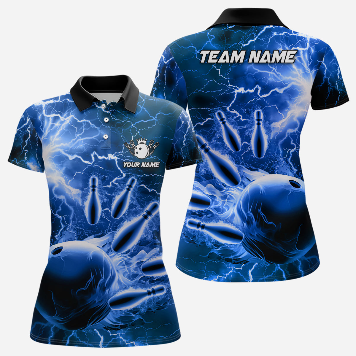 Women's Blue Lightning Bowling Polo Shirt - Custom Team Jersey N6582