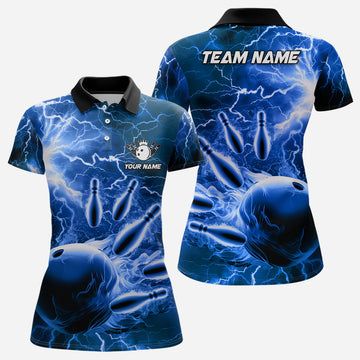 Women's Blue Lightning Bowling Polo Shirt - Custom Team Jersey N6582